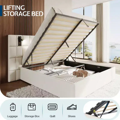 AMERLIFE Upholstered Bed Frame with Widened Headboard,Lift-Up Storage Bed and Built-in Light, Velvet