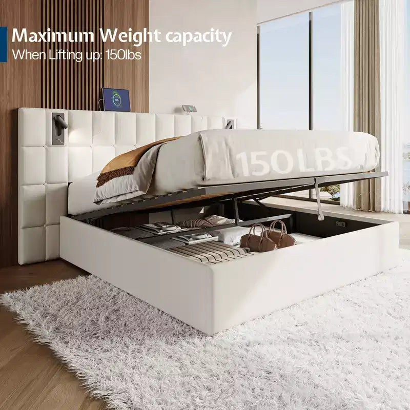 AMERLIFE Upholstered Bed Frame with Widened Headboard,Lift-Up Storage Bed and Built-in Light, Velvet