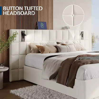 AMERLIFE Upholstered Bed Frame with Widened Headboard,Lift-Up Storage Bed and Built-in Light, Velvet