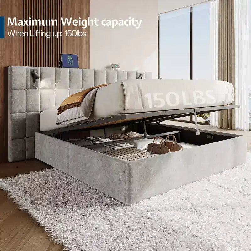 AMERLIFE Upholstered Bed Frame with Widened Headboard,Lift-Up Storage Bed and Built-in Light, Velvet