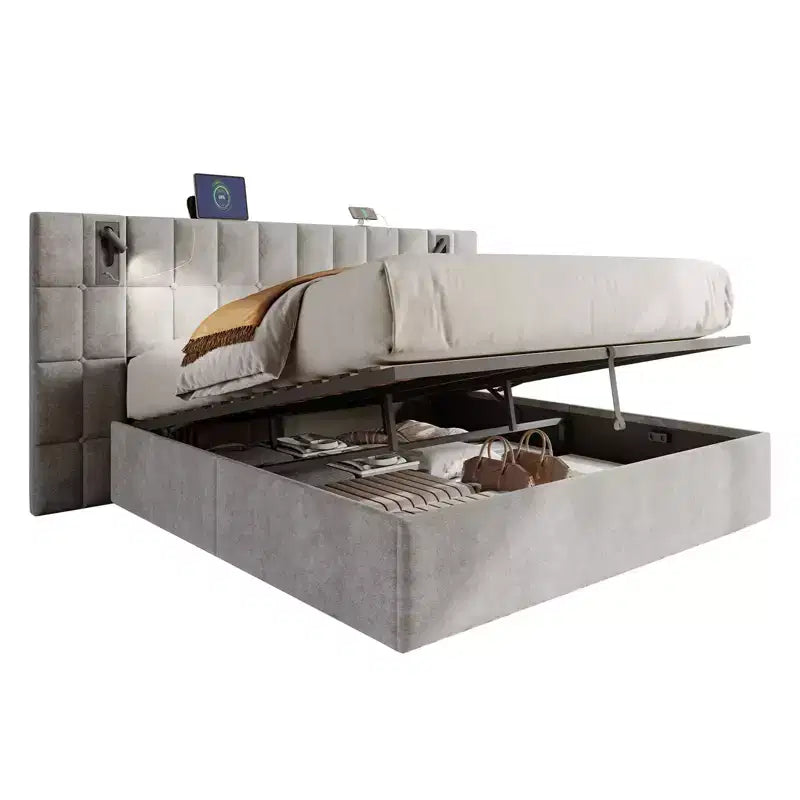 AMERLIFE Upholstered Bed Frame with Widened Headboard,Lift-Up Storage Bed and Built-in Light, Velvet