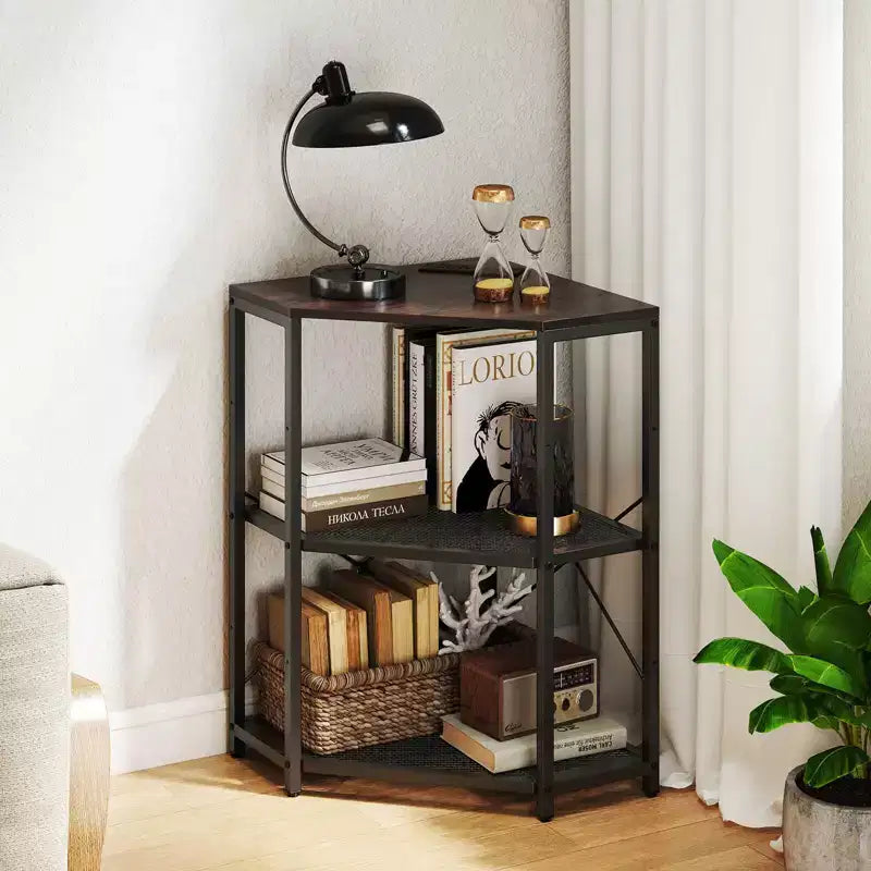 Meuble d'angle Costway pour imprimante avec station de charge, étagère en métal grillagé réglable, noir/marron/blanc