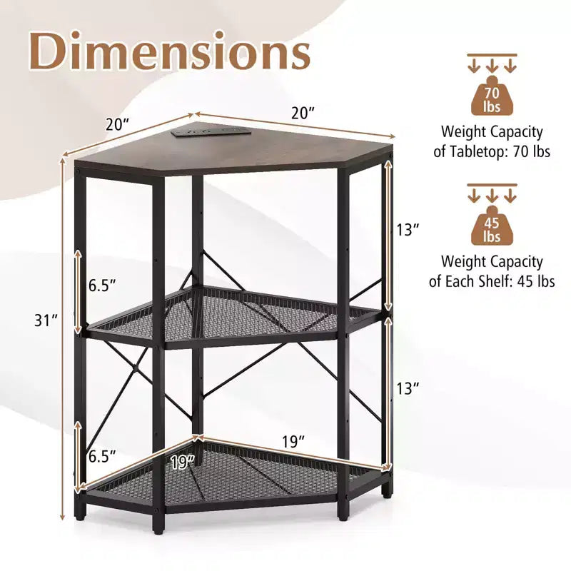 Meuble d'angle Costway pour imprimante avec station de charge, étagère en métal grillagé réglable, noir/marron/blanc