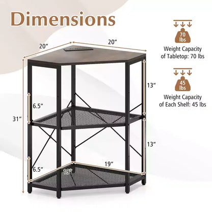 Meuble d'angle Costway pour imprimante avec station de charge, étagère en métal grillagé réglable, noir/marron/blanc