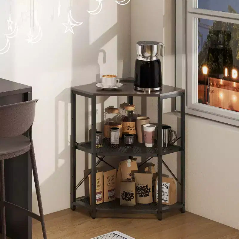 Meuble d'angle Costway pour imprimante avec station de charge, étagère en métal grillagé réglable, noir/marron/blanc