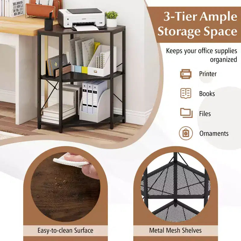 Meuble d'angle Costway pour imprimante avec station de charge, étagère en métal grillagé réglable, noir/marron/blanc