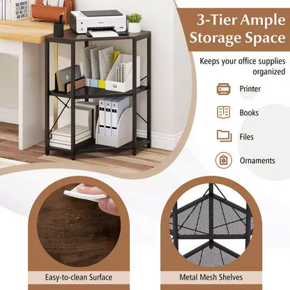 Meuble d'angle Costway pour imprimante avec station de charge, étagère en métal grillagé réglable, noir/marron/blanc