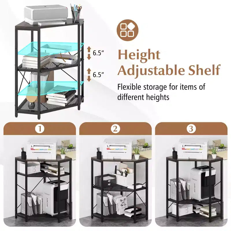 Meuble d'angle Costway pour imprimante avec station de charge, étagère en métal grillagé réglable, noir/marron/blanc