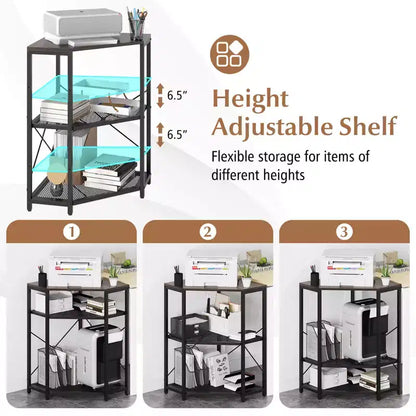 Meuble d'angle Costway pour imprimante avec station de charge, étagère en métal grillagé réglable, noir/marron/blanc