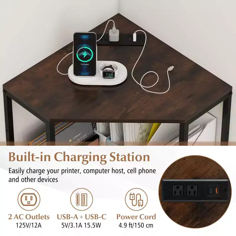 Meuble d'angle Costway pour imprimante avec station de charge, étagère en métal grillagé réglable, noir/marron/blanc