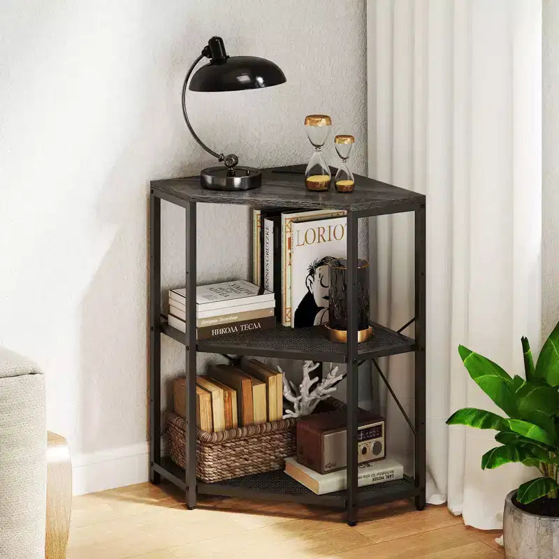 Meuble d'angle Costway pour imprimante avec station de charge, étagère en métal grillagé réglable, noir/marron/blanc