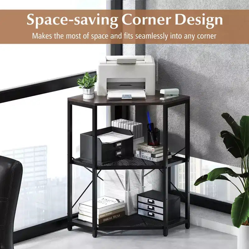 Meuble d'angle Costway pour imprimante avec station de charge, étagère en métal grillagé réglable, noir/marron/blanc