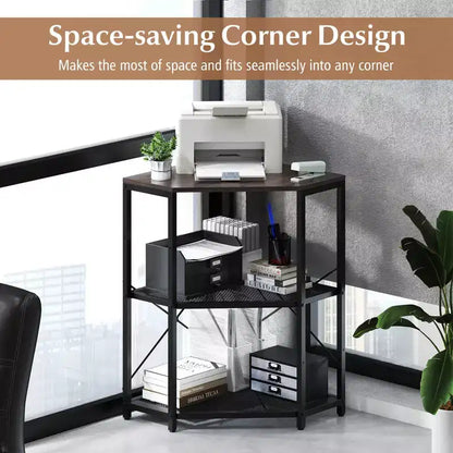 Meuble d'angle Costway pour imprimante avec station de charge, étagère en métal grillagé réglable, noir/marron/blanc