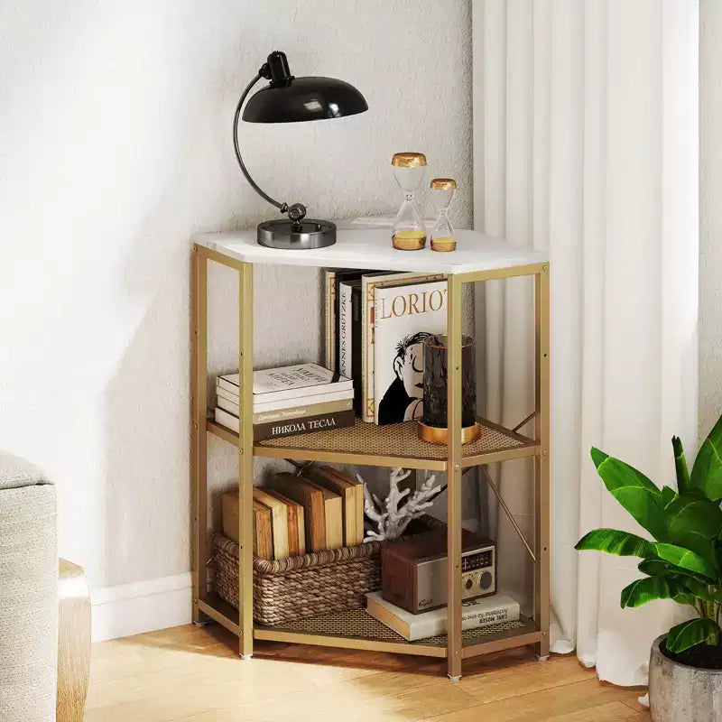 Meuble d'angle Costway pour imprimante avec station de charge, étagère en métal grillagé réglable, noir/marron/blanc