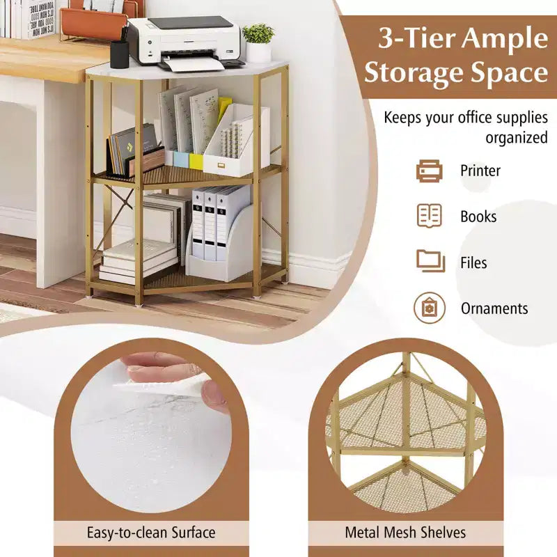 Meuble d'angle Costway pour imprimante avec station de charge, étagère en métal grillagé réglable, noir/marron/blanc
