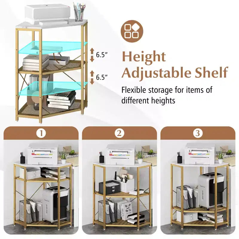 Meuble d'angle Costway pour imprimante avec station de charge, étagère en métal grillagé réglable, noir/marron/blanc