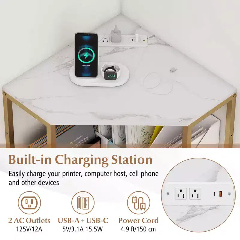 Meuble d'angle Costway pour imprimante avec station de charge, étagère en métal grillagé réglable, noir/marron/blanc