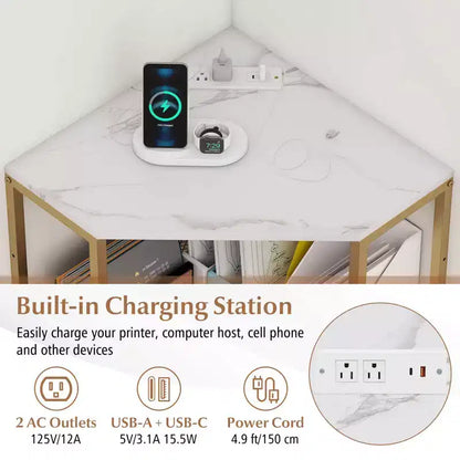 Meuble d'angle Costway pour imprimante avec station de charge, étagère en métal grillagé réglable, noir/marron/blanc
