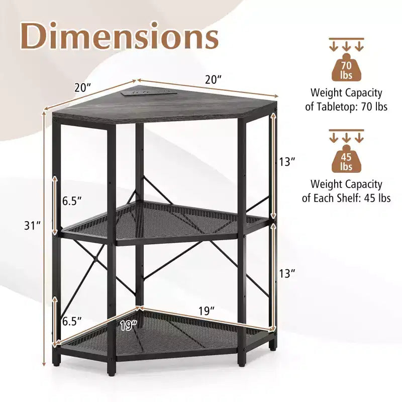 Meuble d'angle Costway pour imprimante avec station de charge, étagère en métal grillagé réglable, noir/marron/blanc