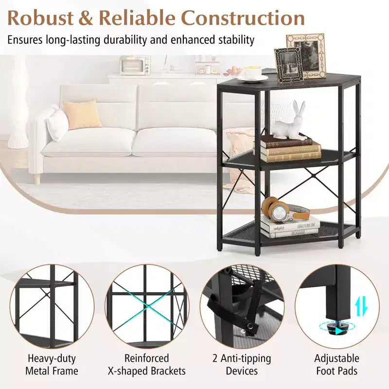 Meuble d'angle Costway pour imprimante avec station de charge, étagère en métal grillagé réglable, noir/marron/blanc