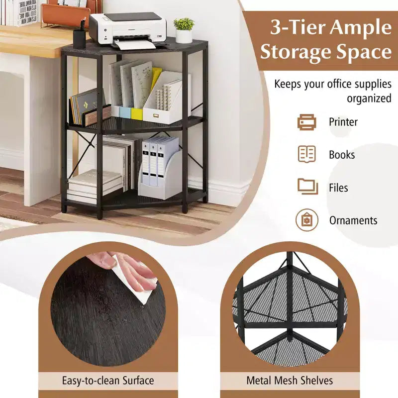 Meuble d'angle Costway pour imprimante avec station de charge, étagère en métal grillagé réglable, noir/marron/blanc