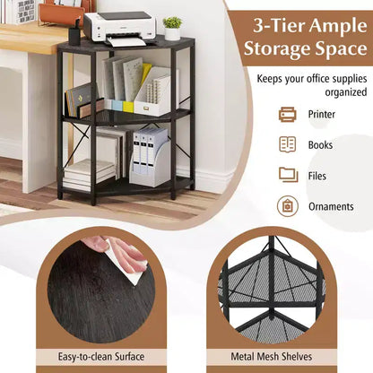 Meuble d'angle Costway pour imprimante avec station de charge, étagère en métal grillagé réglable, noir/marron/blanc