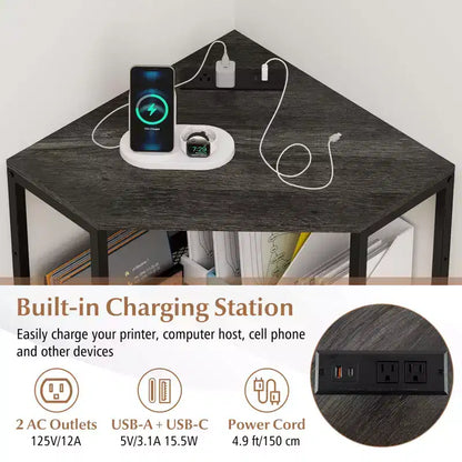 Meuble d'angle Costway pour imprimante avec station de charge, étagère en métal grillagé réglable, noir/marron/blanc