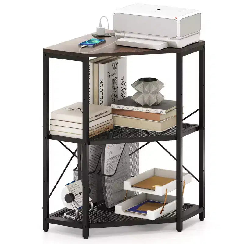 Meuble d'angle Costway pour imprimante avec station de charge, étagère en métal grillagé réglable, noir/marron/blanc
