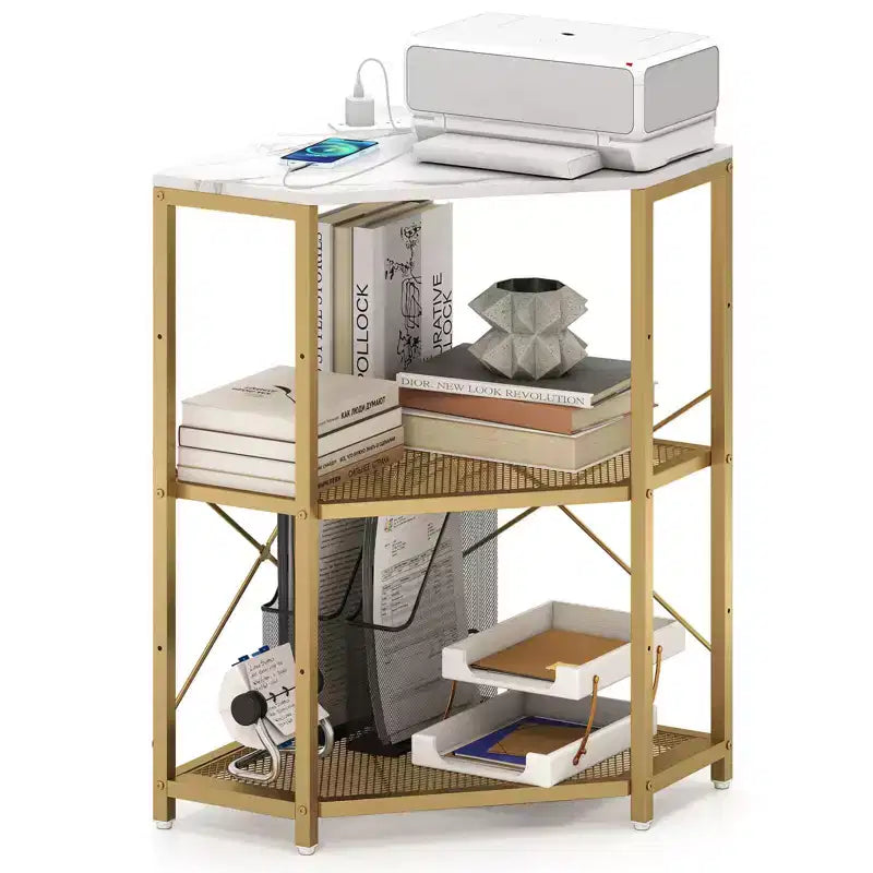 Meuble d'angle Costway pour imprimante avec station de charge, étagère en métal grillagé réglable, noir/marron/blanc