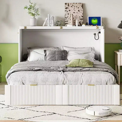 Lit escamotable pleine taille CLIHOME avec tiroir et prises et ports USB, conception de structure à poulie