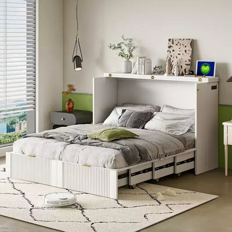 Lit escamotable pleine taille CLIHOME avec tiroir et prises et ports USB, conception de structure à poulie