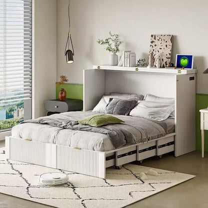 Lit escamotable pleine taille CLIHOME avec tiroir et prises et ports USB, conception de structure à poulie