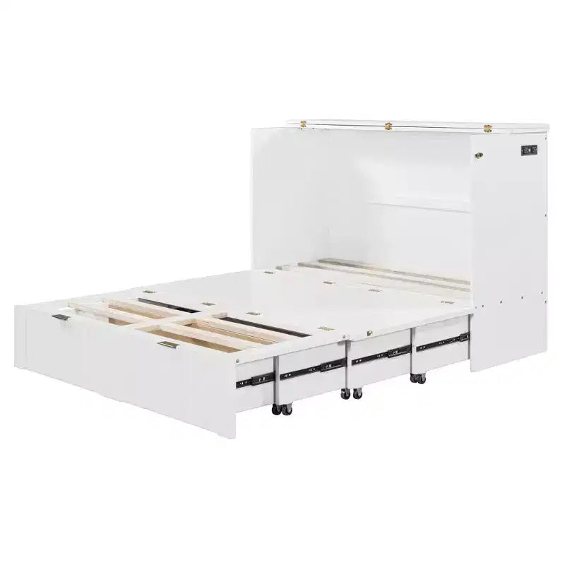 Lit escamotable pleine taille CLIHOME avec tiroir et prises et ports USB, conception de structure à poulie
