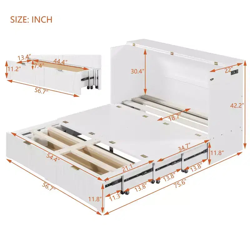 Lit escamotable pleine taille CLIHOME avec tiroir et prises et ports USB, conception de structure à poulie