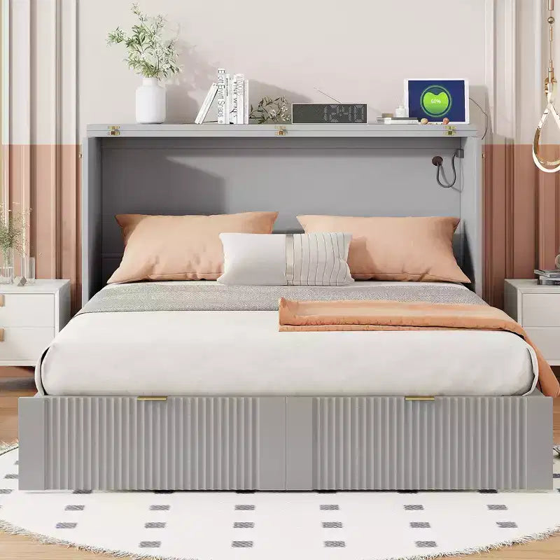 Lit escamotable pleine taille CLIHOME avec tiroir et prises et ports USB, conception de structure à poulie