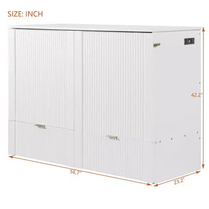 Lit escamotable pleine taille CLIHOME avec tiroir et prises et ports USB, conception de structure à poulie