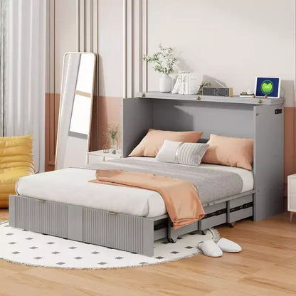 Lit escamotable pleine taille CLIHOME avec tiroir et prises et ports USB, conception de structure à poulie