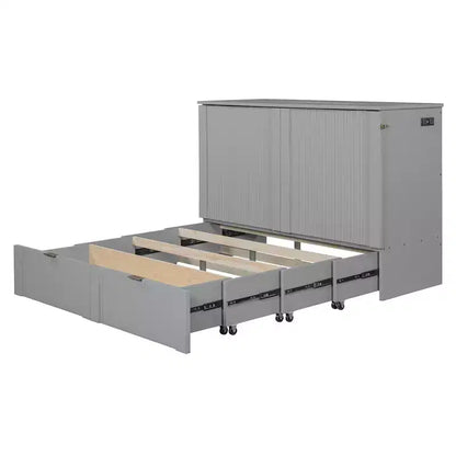 Lit escamotable pleine taille CLIHOME avec tiroir et prises et ports USB, conception de structure à poulie