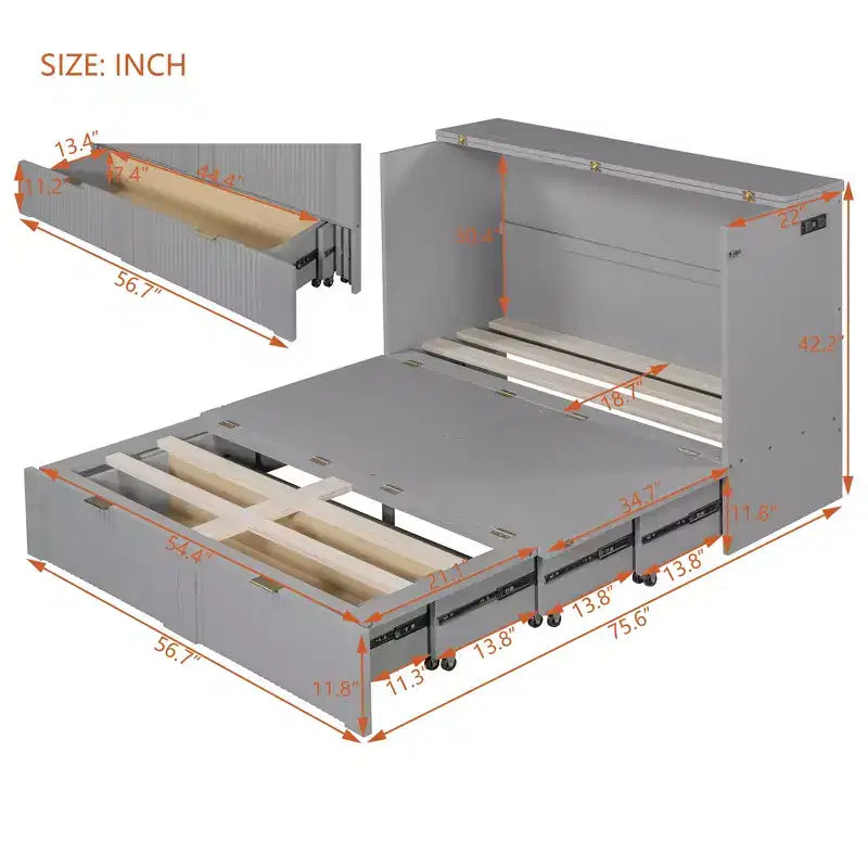 Lit escamotable pleine taille CLIHOME avec tiroir et prises et ports USB, conception de structure à poulie