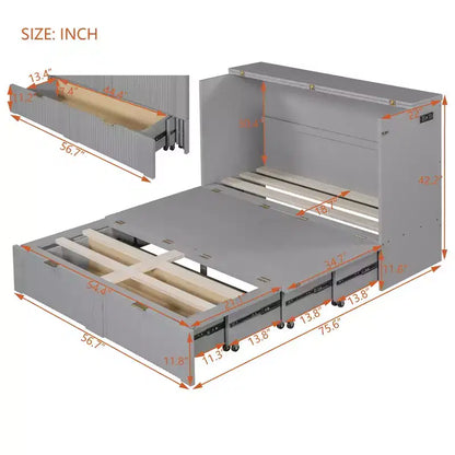 Lit escamotable pleine taille CLIHOME avec tiroir et prises et ports USB, conception de structure à poulie