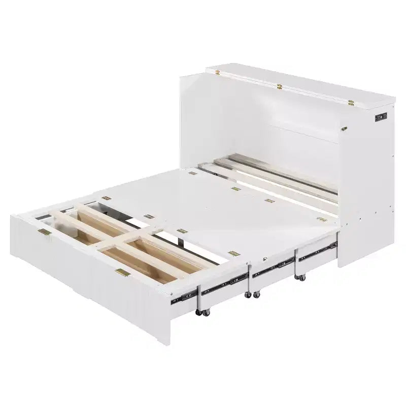 Lit escamotable pleine taille CLIHOME avec tiroir et prises et ports USB, conception de structure à poulie