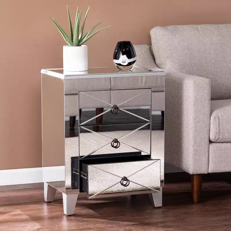Cresheim Mirrored End Table with Drawers - Silver - SEI