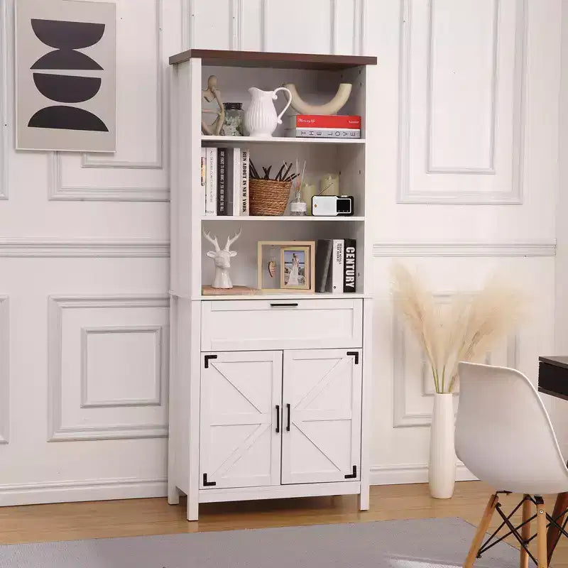 72 Inch High Bookcase with Doors, 6 Wheels Farmhouse Bookcase with Drawers and Adjustable Shelves for Study, Living Room, Bedroom