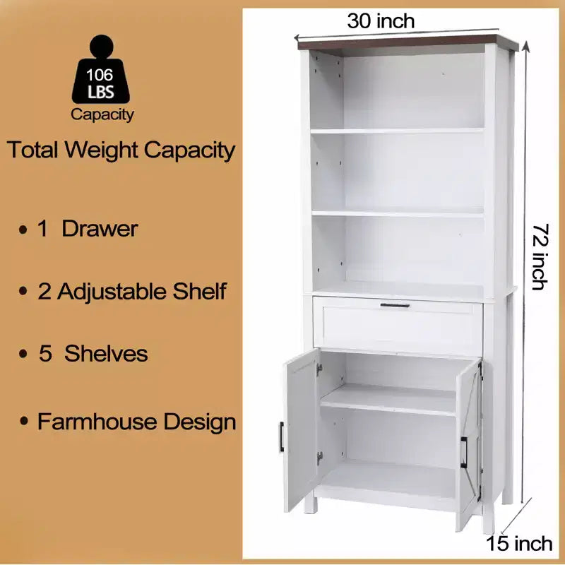 Bibliothèque de 183 cm de haut avec portes, bibliothèque de ferme à 6 roulettes avec tiroirs et étagères réglables pour bureau, salon, chambre à coucher