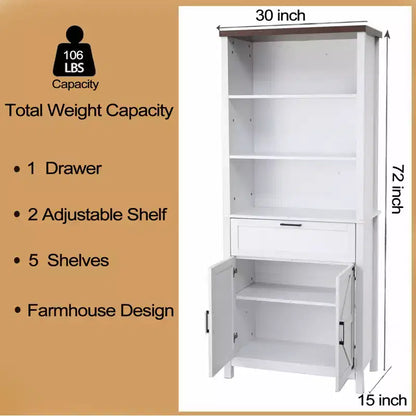 Bibliothèque de 183 cm de haut avec portes, bibliothèque de ferme à 6 roulettes avec tiroirs et étagères réglables pour bureau, salon, chambre à coucher