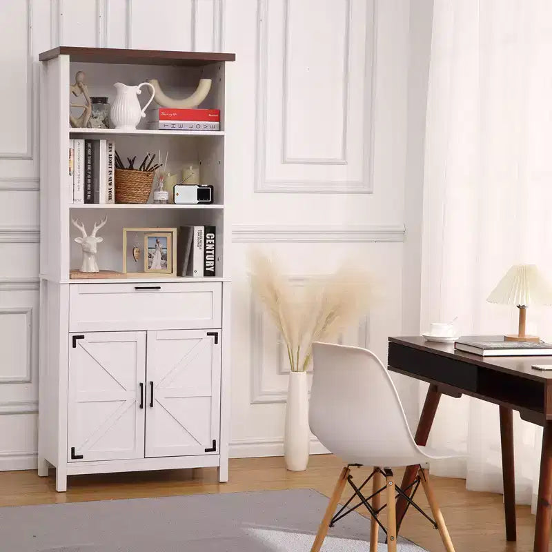 Bibliothèque de 183 cm de haut avec portes, bibliothèque de ferme à 6 roulettes avec tiroirs et étagères réglables pour bureau, salon, chambre à coucher