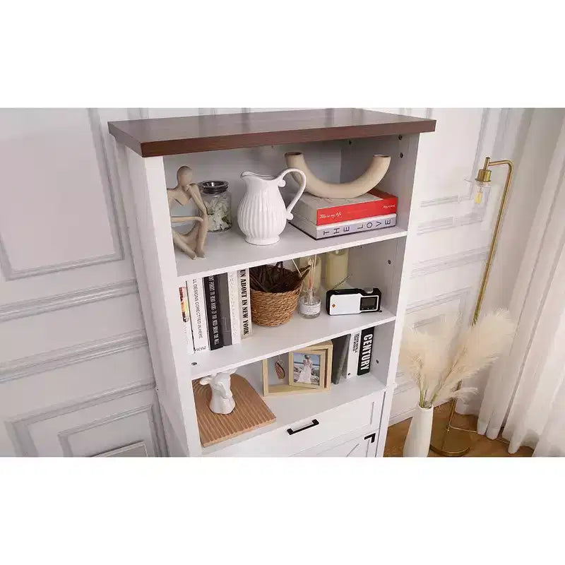 Bibliothèque de 183 cm de haut avec portes, bibliothèque de ferme à 6 roulettes avec tiroirs et étagères réglables pour bureau, salon, chambre à coucher