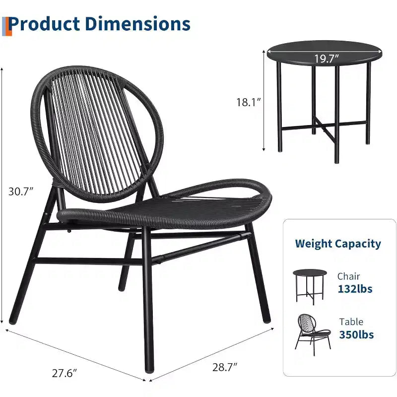 Ensemble de patio 3 pièces, chaises en osier tout temps et table ronde pour balcon, jardin, piscine, cour arrière - Noir