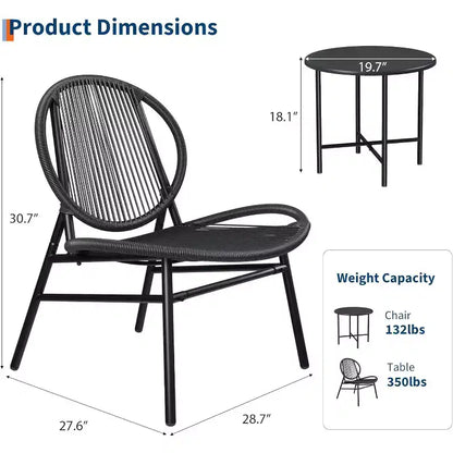 Ensemble de patio 3 pièces, chaises en osier tout temps et table ronde pour balcon, jardin, piscine, cour arrière - Noir