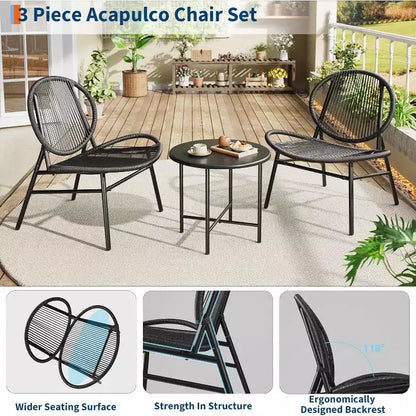 Ensemble de patio 3 pièces, chaises en osier tout temps et table ronde pour balcon, jardin, piscine, cour arrière - Noir